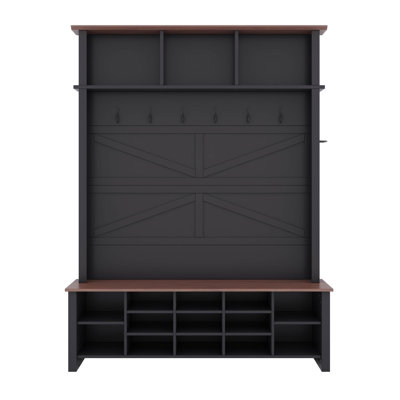 Wood Rustic Hall Tree Entryway Bench With Hooks And Adjustable Shelves
