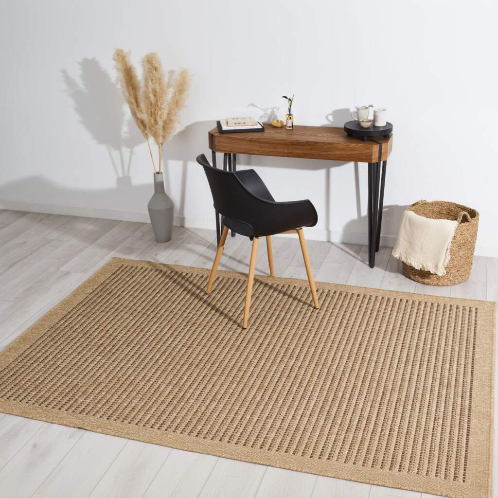 Teppich Wohnzimmer Jute-Look Beige - Boho-Stil Bordüre - In-& Outdoor-Teppich