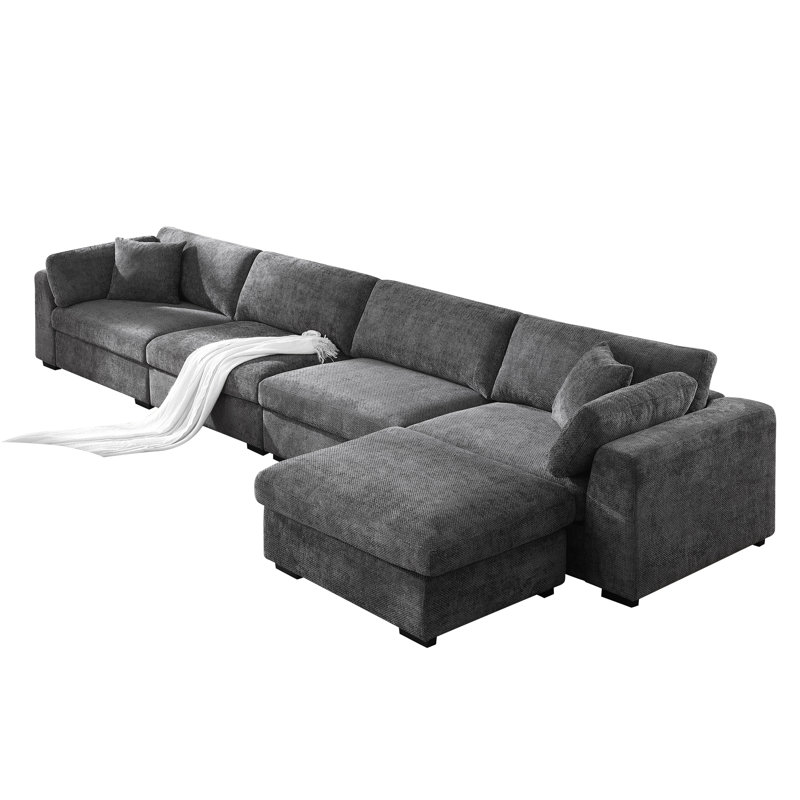 Oversized Modular Silod Wood Sectional With Ottoman, Dark Gray Polyester Blend