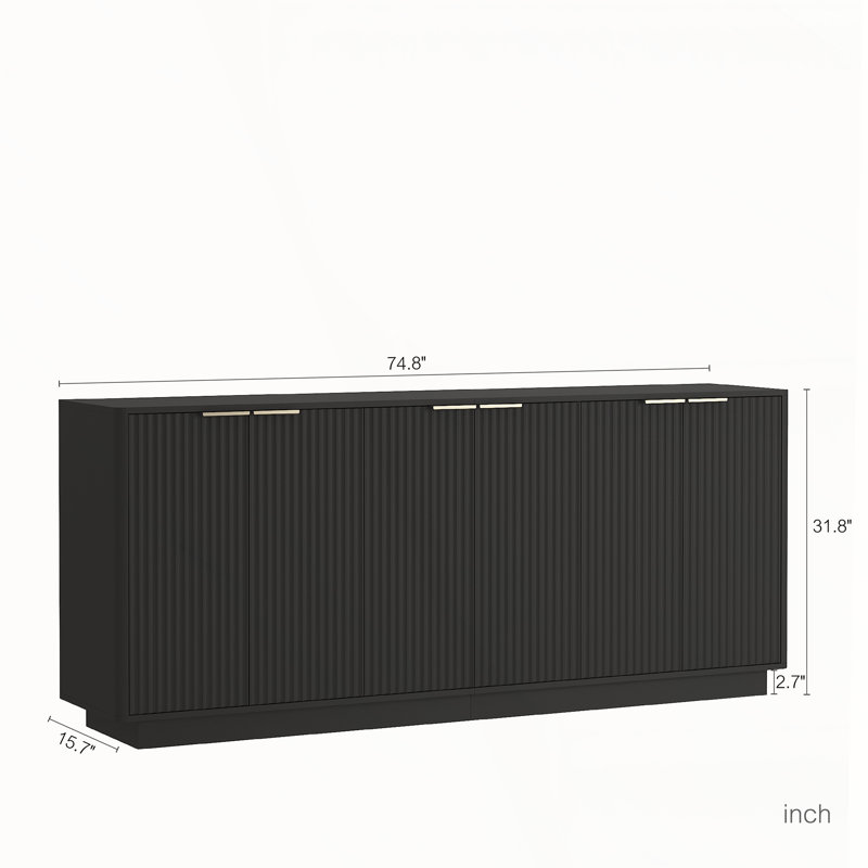 Buffet moderne cannelé avec tablettes réglables et poignées en métal, H 31,89 po x l 74,8 po x P 15,75 po, Noir