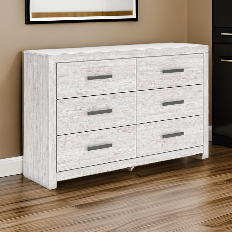 Cany Wide Dresser, 6 Drawers With Black Handles, Vintage Whitewash