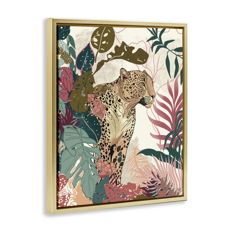 «Cheetah Tropical Leaf», art mural sur toile par Fab Funky, Cadre flottant gris lustré, H 21 po x l 17 po