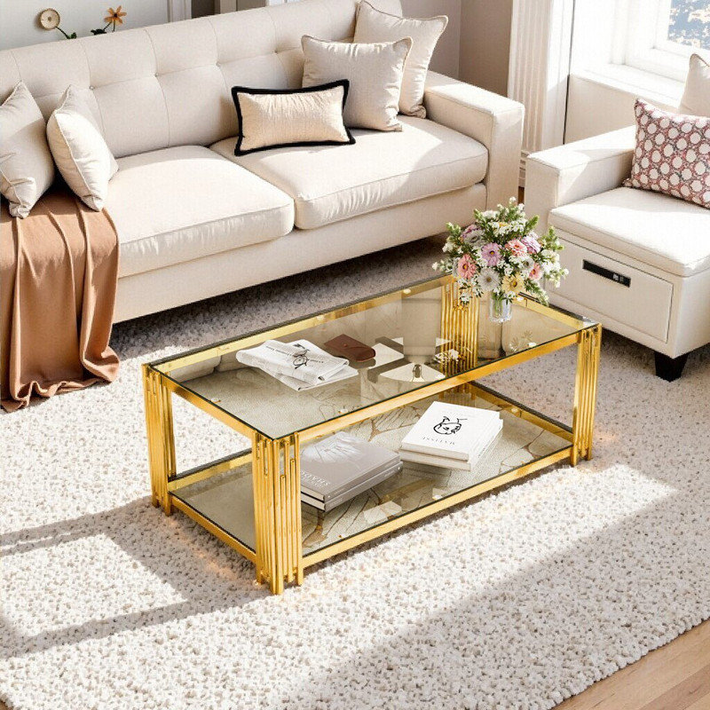 Table basse rectangulaire en verre avec structure asymétrique en métal et tablette de rangement 47,5 po, Transparent