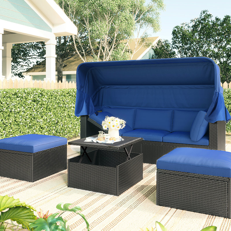 Lit de jour élégant pour l'extérieur avec auvent et coussins pour terrasse amovible, Bleu