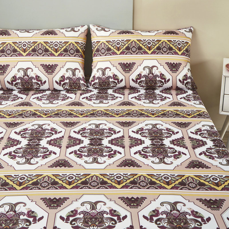 Oriental Kilim Microfiber Geometric Fitted Sheet, Twin Fitted Sheet with 1 Pillowcase