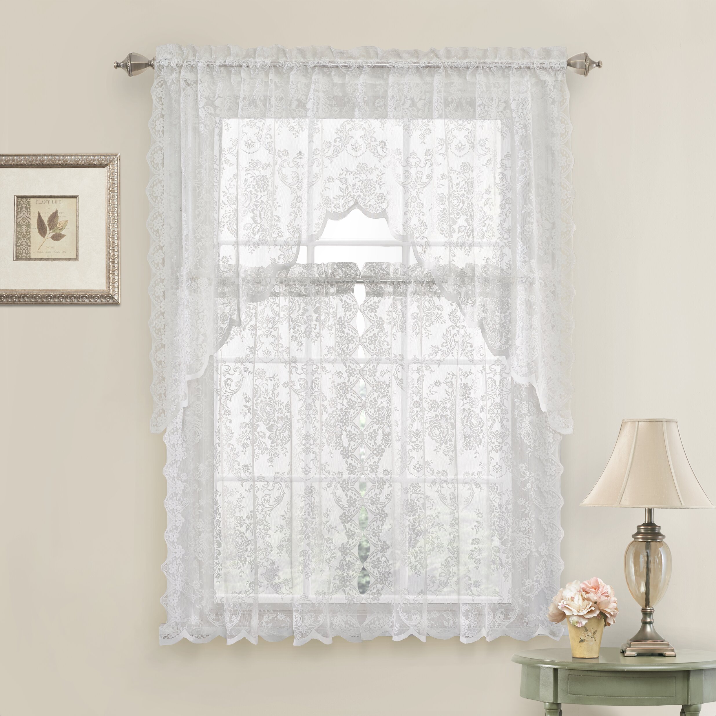 Astoria Grand Roxann Floral Lace Complete Kitchen Curtain & Reviews ...