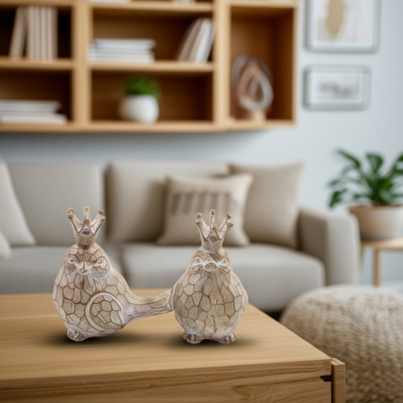 Ravi Resin Bird Figurines with Crown Detailing and Textured Bodies Decorative Polyresin Animal Sculptures Whimsical Crackled Design Ornament Accents for Display Shelf or Mantel