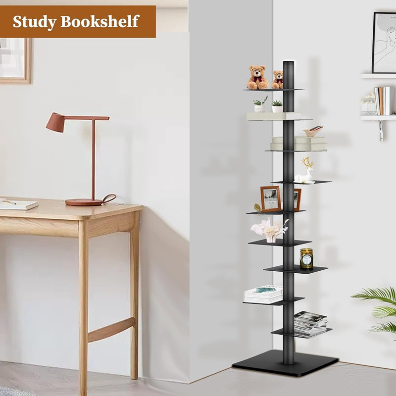 9 Tier Metal Vertical Bookshelf Tower, Freestanding Invisible Sp...