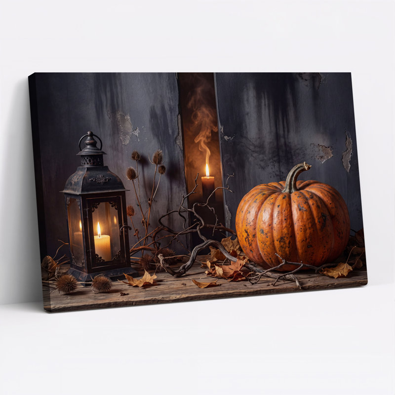 Toile orange citrouille orange et lanterne avec toile d'Halloween séchée, H 28 po x l 40 po