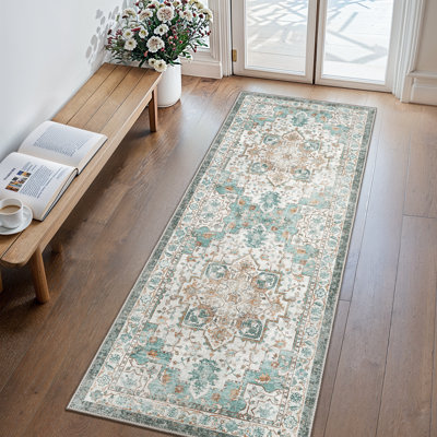 Tiyler Oriental Performance Teal / Rust 2' x 6' Runner Rug, Machine Washable