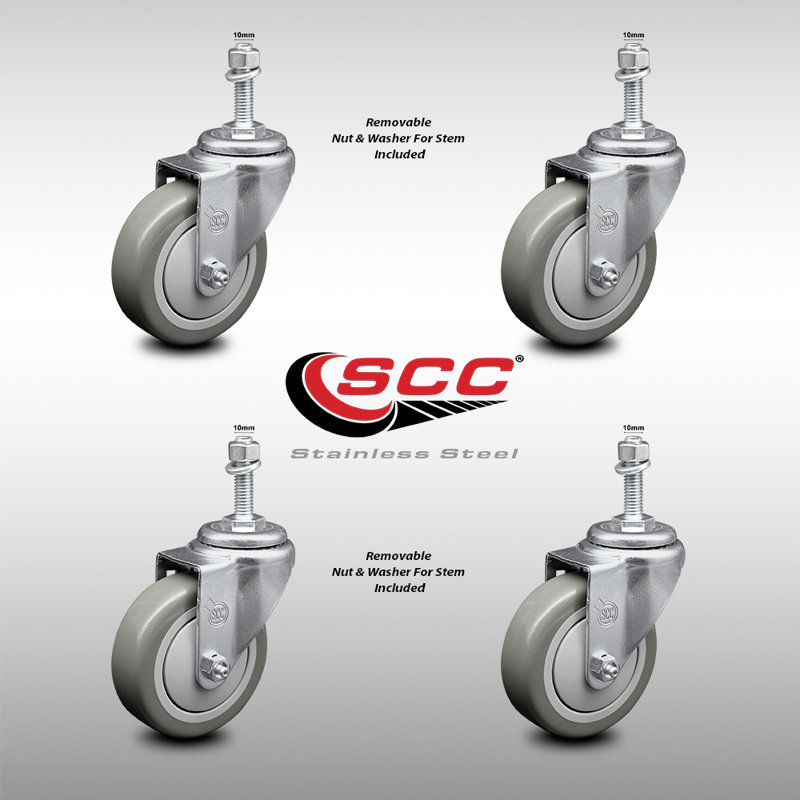 4 Inch SS Gray Polyurethane Wheel Swivel 10mm Threaded Stem Caster Set SCC