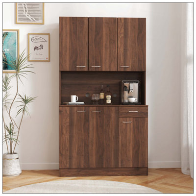 70.87" Tall Wardrobe& Kitchen Cabinet, With 6-Doors, 1-Open Shelves And 1-Drawer For Bedroom,Walnut by Latitude Run