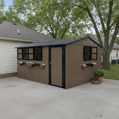 Premium 12 ft. W x 10 ft. D Metal Storage Shed with Windows, Flower Rack, and Lockable Door - All-Weather Waterproof Backyard Garden Cottage for Tools, Bikes & Lawn Mower