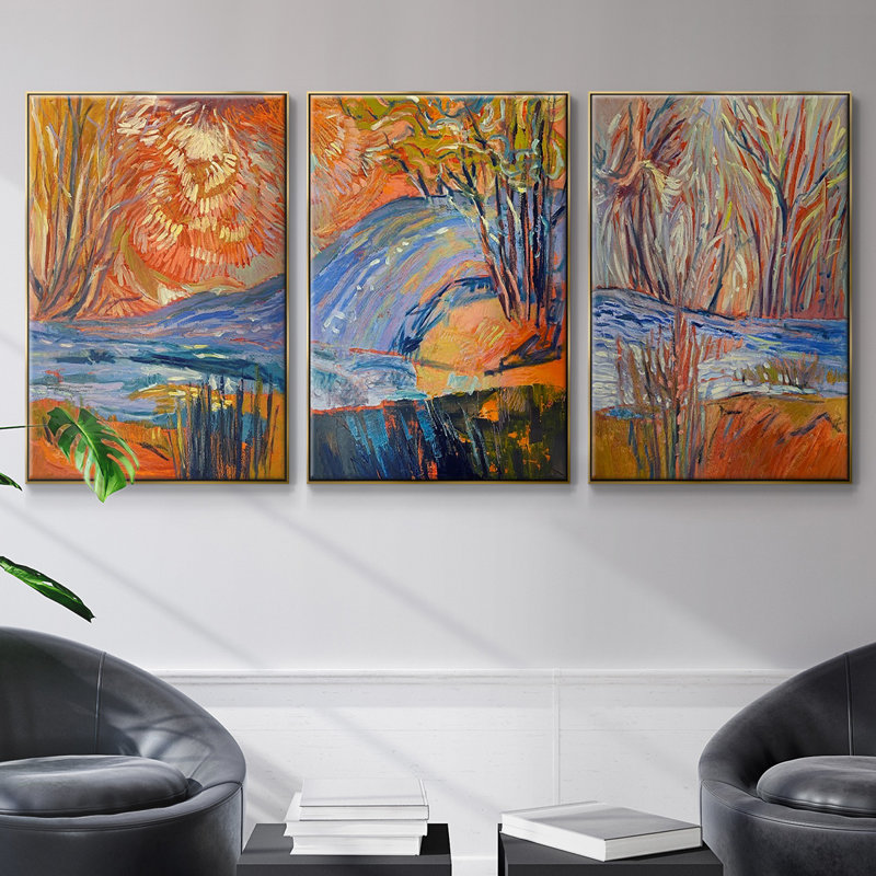 3 pièces Cadmium Winter Solstice I, H 40 po x l 90 po x P 2 po, Encadrement doré