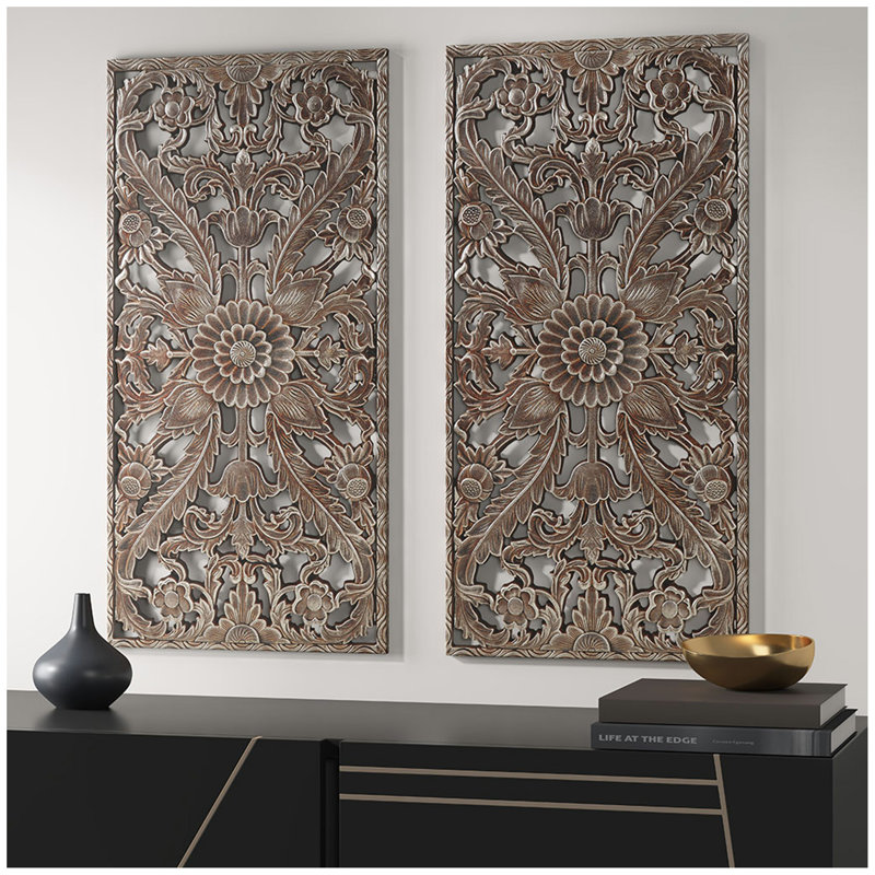 Distressed Carved Wood 2-Piece Wall Decor Set, Bronze