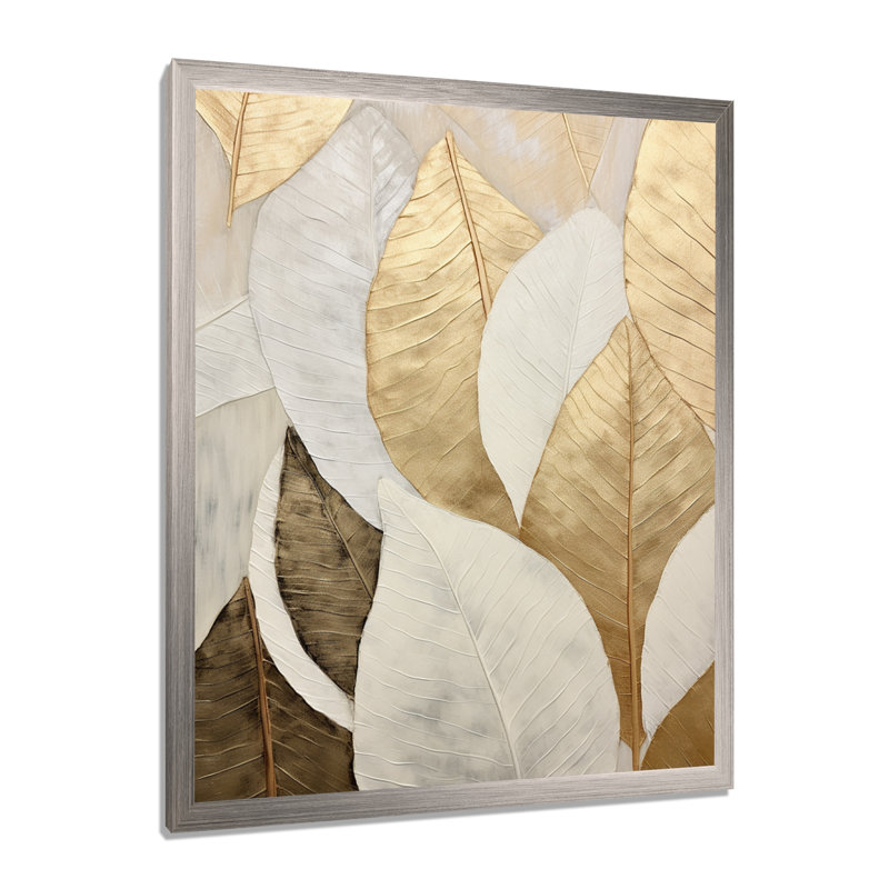 Gold Minimalism Leaves Collage III - Print, 40" H x 30" W x 1.5" D, Silver Single Picture Framed