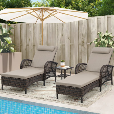 3-Piece Outdoor Wicker Chaise Lounge Chair Set With Side Table, All Weather Patio Rattan Reclining Sunbathing Lounger Chair With 6-Position Adjustable Backrest, Armrest & Pillow, Beige