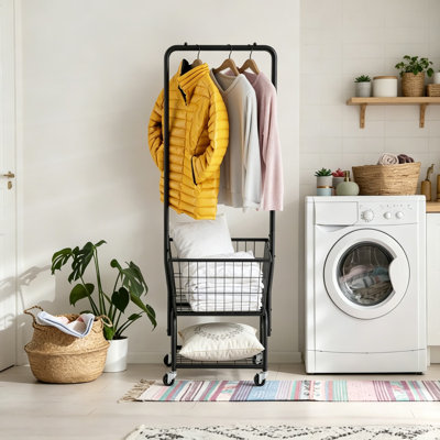 Rolling Laundry Cart with Wheels, Laundry Hamper Basket Organizer with Clothes Hanging Rack, Heavy Duty Wire Storage Shelf Butler for Home, Dorm, and Laundry Room, Black