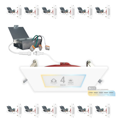 Ensemble de 12 ampoules encastrées NUWATT de 4 pouces à DEL pour une durée de 2 heures, 5CCT 2700K / 3000K / 3500K / 4000K / 5000K, 900 lumens, à intensité variable, homologué IC, éclairage encastré carré ultra-mince, sans tenmat nécessaire, UL 