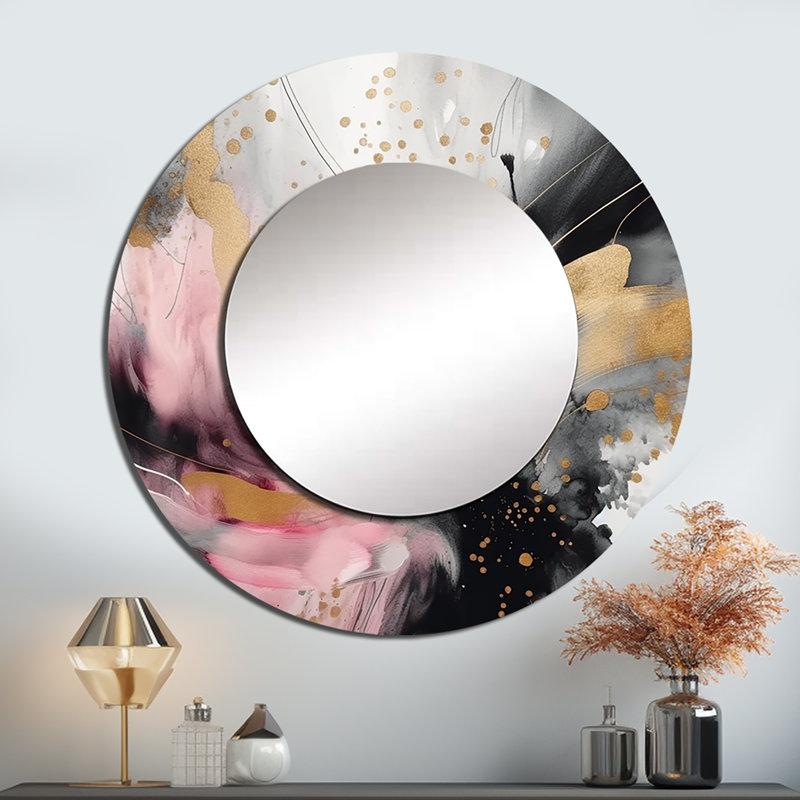 Orgito or rose texture Splash Marble III - grand miroir mural en marbre, miroir rond moderne unique, impression d'art en métal