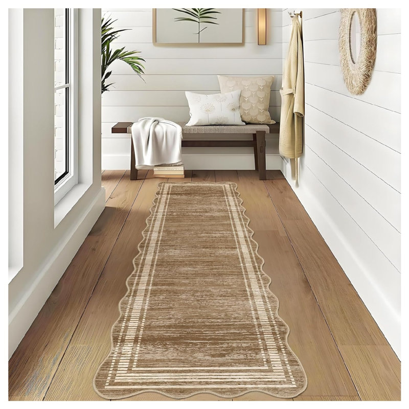 2x6 ft Hallway Runner Rug Modern Scalloped Area Rug Washable Kitchen Runner Rug Stain Resistant Entry Rugs Non Slip Low Pile Floor Cover for Living Room Bedroom Dining Room -Camel