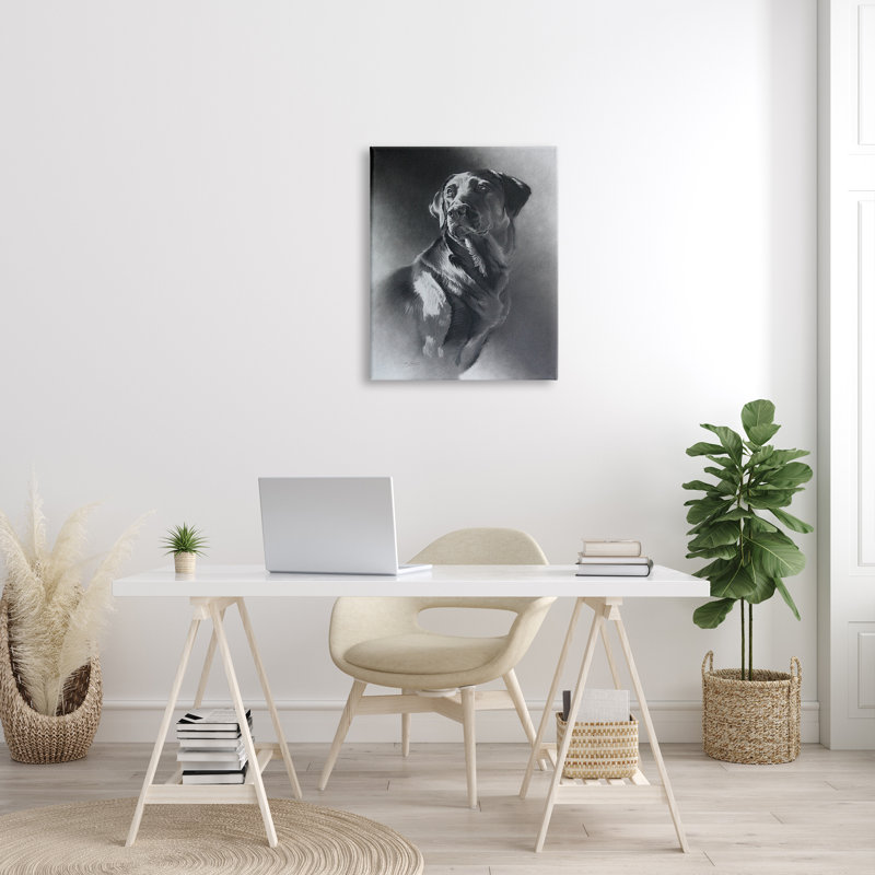 Gris anthracite, portrait de chien Labrador, H 30 po x l 24 po x P 1,5 po, Toile tendue