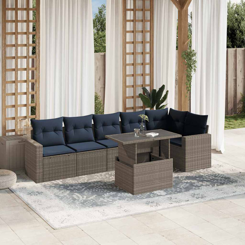 Ensemble de canapé de patio 7 pièces avec coussins en rotin de polyester, Gris, Marine