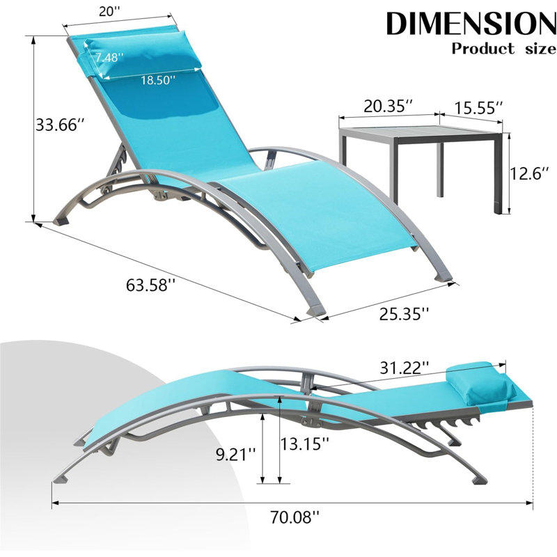 Ensemble 3 chaises longues bleues pour piscine