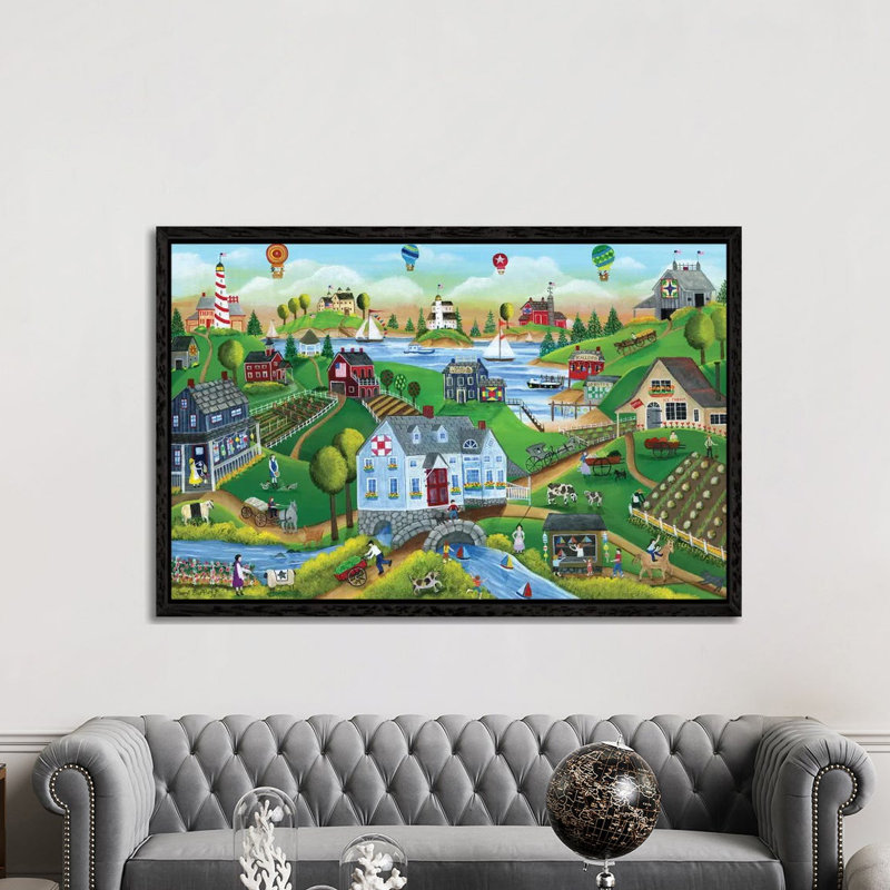 Village By The Sea With Hot Air Ballons by Cheryl Bartley - Print on Canvas, 152.5 cm H x 101.5 cm W, Black Framed