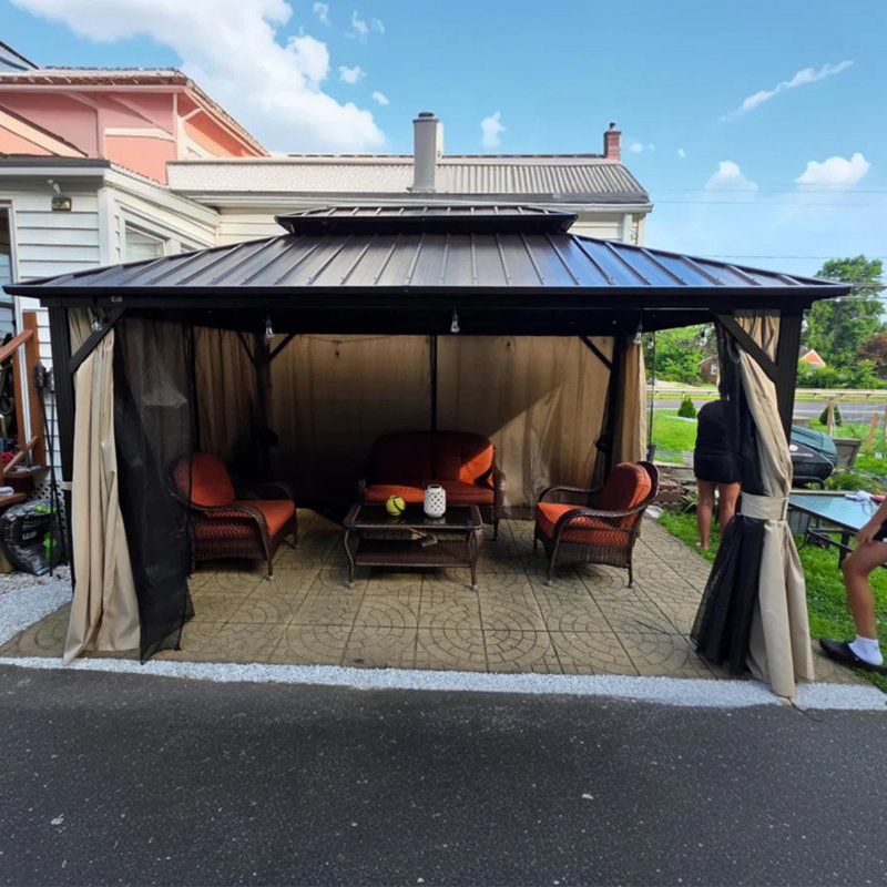 PURPLE LEAF Outdoor Hardtop Gazebo Bronze Metal Frame Galvanized Steel Double Roof with Light