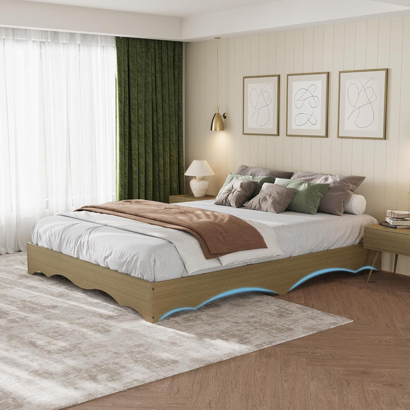 Twin Size Wave Wood Platform Bed Frame, Low Profile, Noise-Free, Natural Wood, Tan, Twin