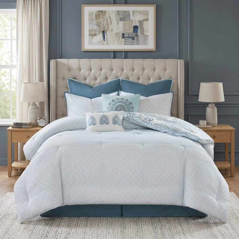 Ensemble d'édredon réversible en coton Blue Cal King, literie 8 pièces Shabby Chic