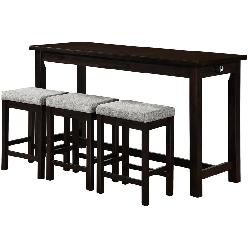 Table de salle à manger 4 pièces, table avec rangement et 3 tabourets, revêtement gris, style décontracté, abris de tiroir en bois, revêtement