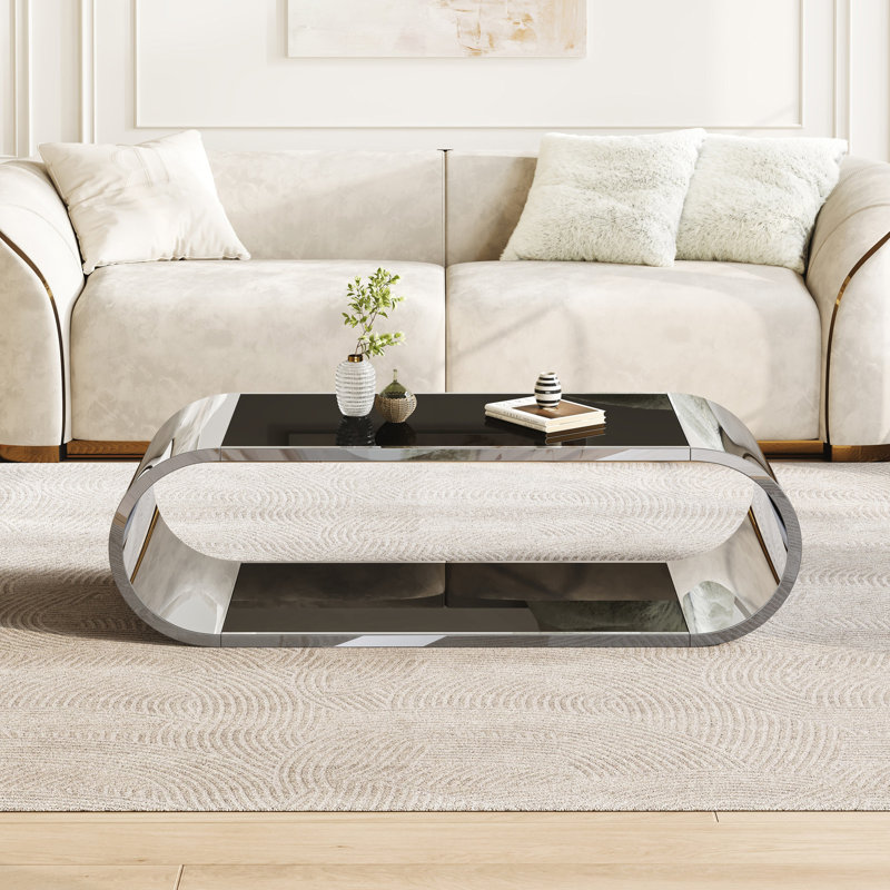 Table basse moderne, table basse à 2 niveaux avec plateau en verre