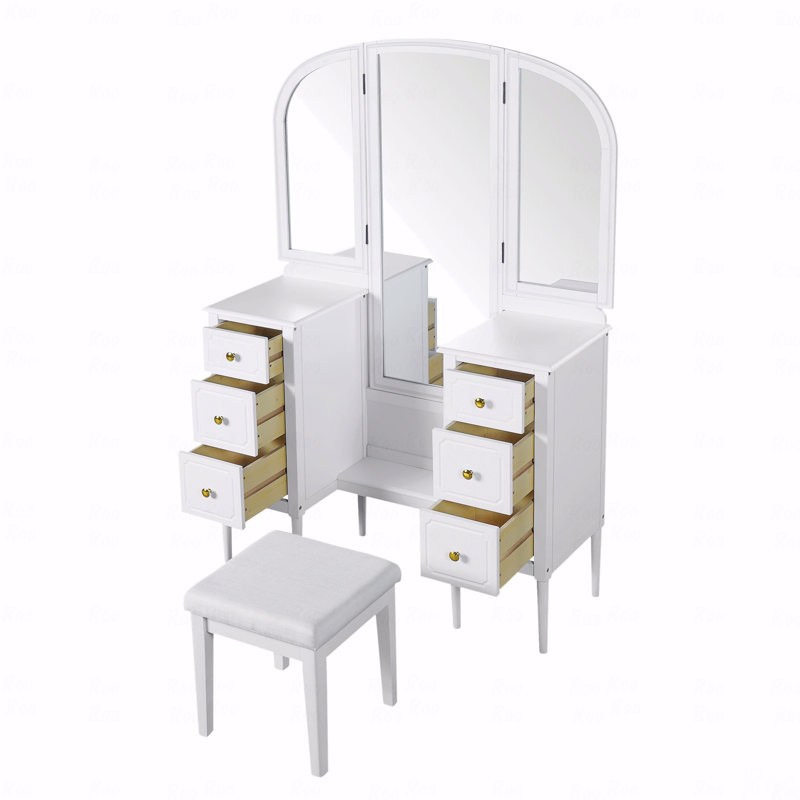 Antique Style Makeup Makeup Vanity  Desk With Triple Mirror, 6-Drawer Dressing Table (Makeup Vanity) Set Including Stool, Full-Length Vanity Mirror  Dressing Room, White, For Bedroom