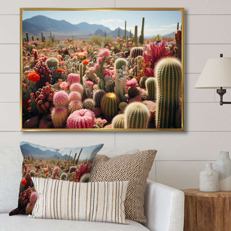 Cactus vert et rose II - impression, H 30 po x l 40 po x P 1,5 po, Cadre flottant doré
