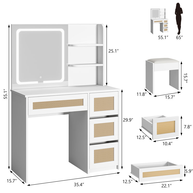 Bureau de coiffeuse en rotin avec station de charge, coiffeuse avec miroir