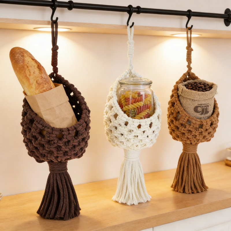 Ensemble de paniers suspendus en macramé fait à la main, 3 paniers de rangement Boho pour la décoration intérieure, organisateur de corde en coton rustique pour le salon, la chambre à coucher, le vestibule