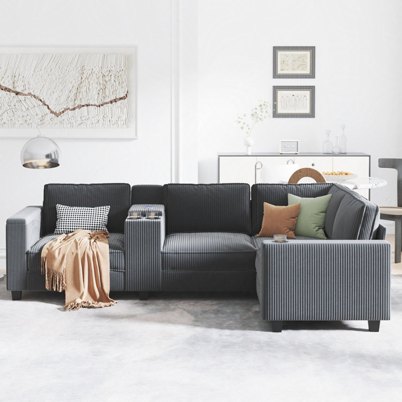 L-shaped 6-seater 133.4"*94.4" corduroy sofa, large storage armrests with center console, USB charging, left and right seats can be switched