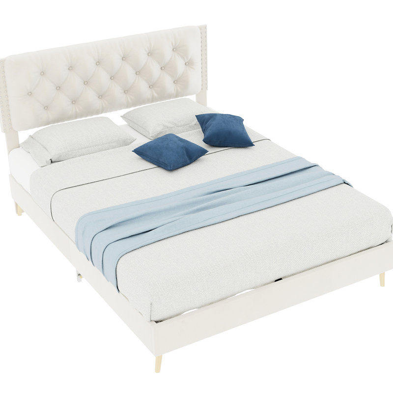Beige, lit double, tête de lit, support d'écurie, rembourrage, base de lit tapissier beige simple et élégante, bois de peuplier, revêtement en velours, convient à la chambre d'amis