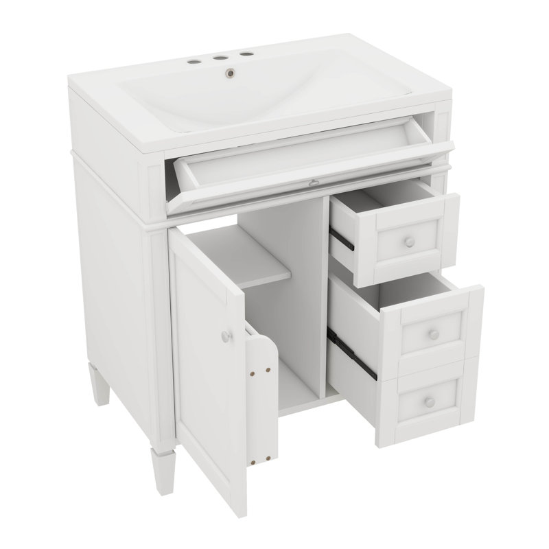 Meuble-lavabo contemporain de 30 po avec lavabo supérieur, 2 tiroirs et un tiroir avant pour lavabo simple, Blanc