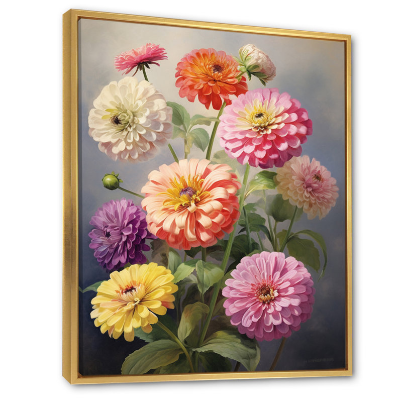 "Colorful Zinnias", impression romantique sur toile encadrée, H 20 po x l 12 po x P 1 po, Cadre flottant doré