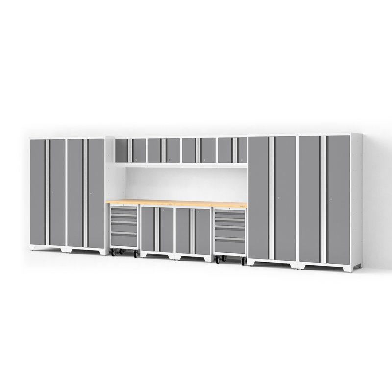 Ensemble de 14 armoires de garage Bold XL Series Platinum avec outil, base, armoires murales, plan de travail en bambou et Casiers