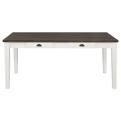 Table de salle à manger bicolore et blanc antique, avec plateau en placage, pieds en bois massif, quatre tiroirs pour accessoires, six places assises avec 2 tiroirs, design rustique, placage, cuisines adaptées
