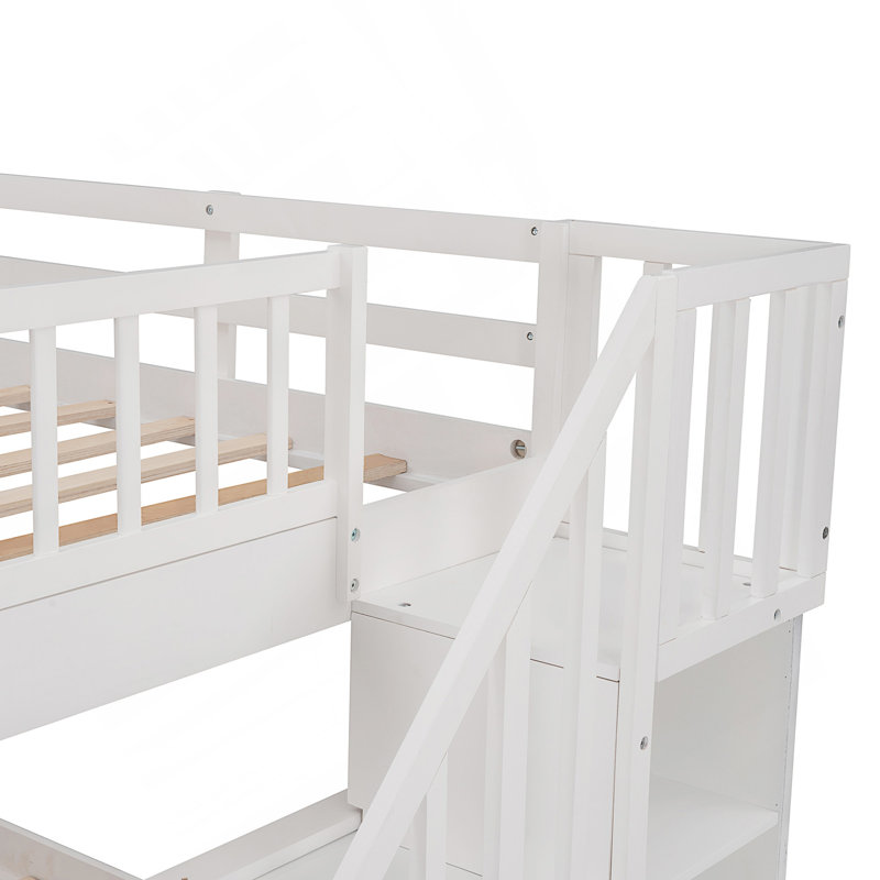 Lit superposé en escalier avec tiroir, rangement et garde-corps pour chambre à coucher