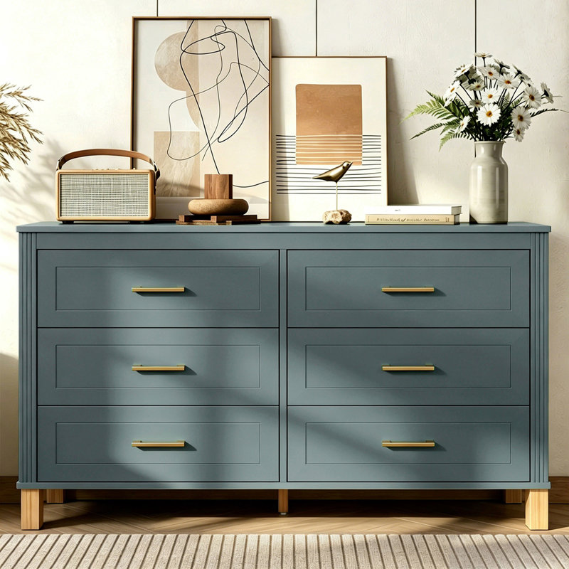 Commode double 6 tiroirs en bois robuste, Vert clair