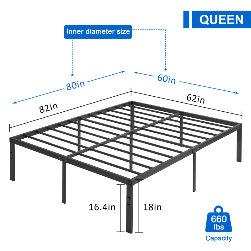 Base de lit plateforme en métal de 18 po Blinni, sommier avec sommier à lattes en acier, aucun sommier requis, capacité de charge élevée, rangement sous le lit