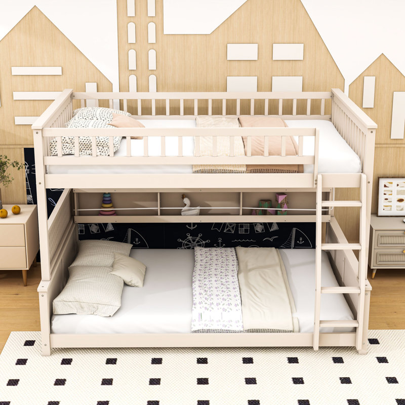 Bunk Bed with Lights, Pegboard Panel and Storage Shelf, Beige, Full XL Over Queen
