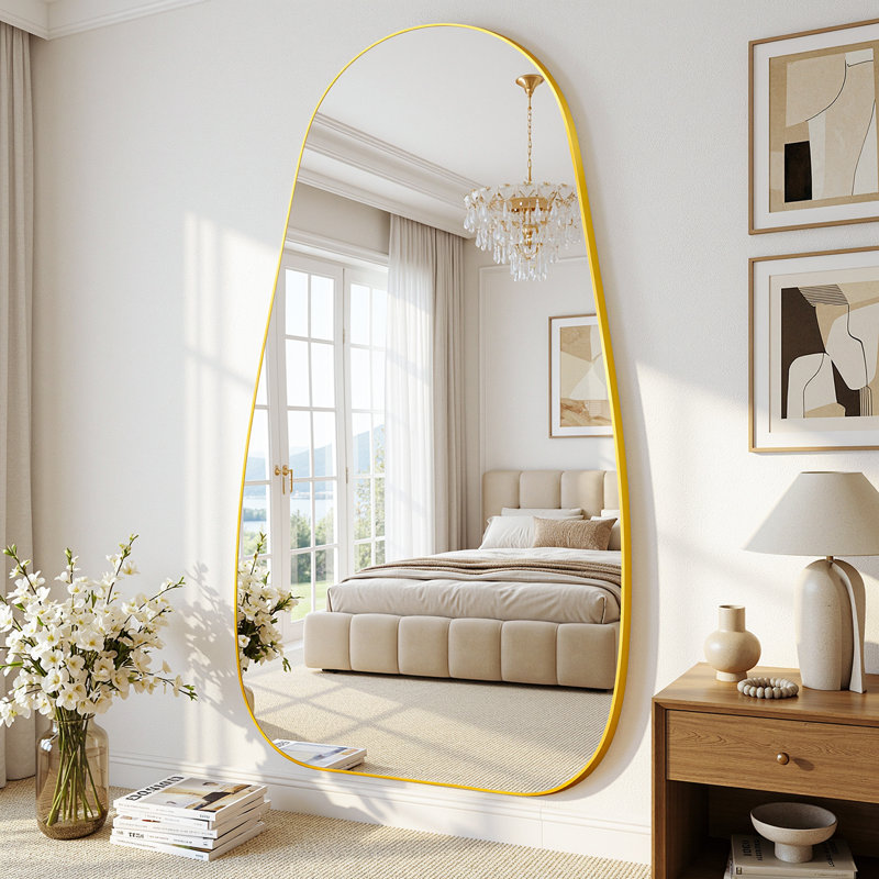 Full Length Mirror, Tear Drop Style Floor Mirror with Stand,Standing Hanging Leaning Irregular Mirrors, Gold, 75" x 36"