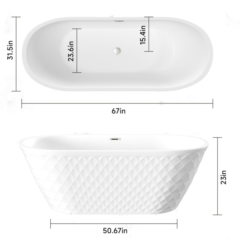 Baignoire de trempage autoportante en acrylique 67 "x 31,5" avec trop-plein et bonde escamotable, Blanc lustré